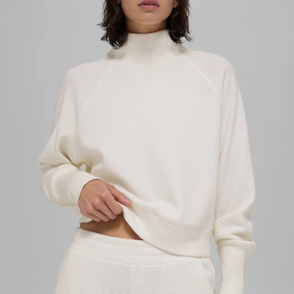 ALO Waffle Weekend Escape Mock Neck Ivory XS